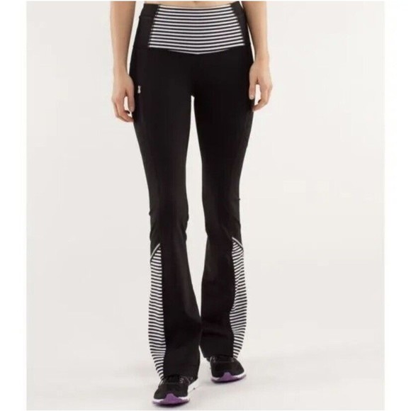 Lululemon Run Ice Queen Flare Pants Black White Stripe Size 4 - Picture 1 of 12